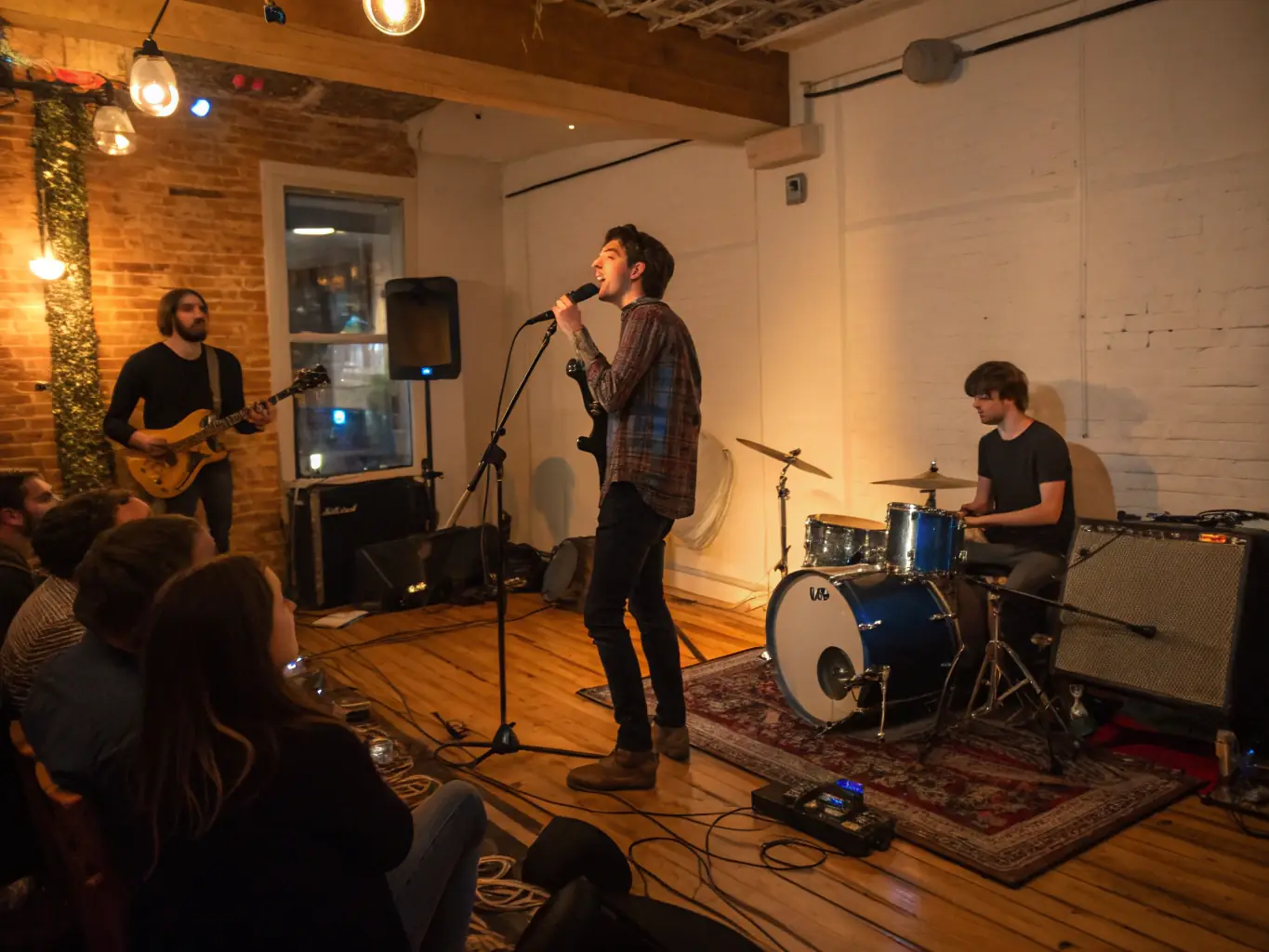 A captivating shot of a live music performance in an intimate setting, with musicians passionately playing their instruments and an audience attentively listening. The lighting is warm and inviting, creating a sense of connection and shared experience.
