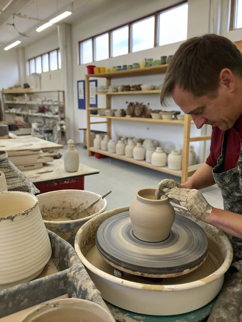 A photograph capturing a pottery workshop in progress, showcasing participants molding clay with focused expressions, set in a brightly lit studio with shelves displaying finished ceramic pieces.