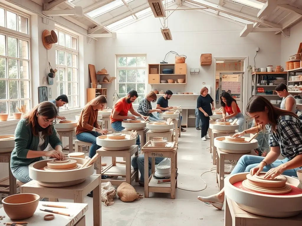 A vibrant photograph capturing a pottery workshop in progress, with participants of diverse ages and backgrounds focused on shaping clay. The setting is a bright, airy studio filled with natural light, emphasizing the tactile and creative atmosphere.