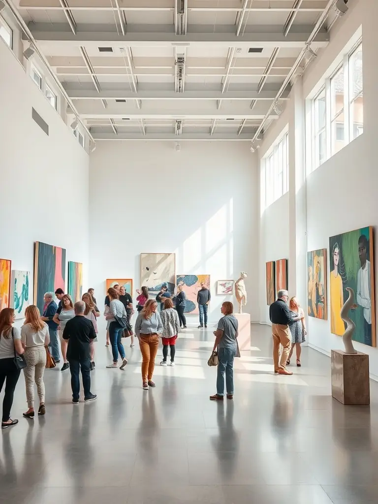 An image of an art exhibition featuring various paintings, sculptures, and mixed media artworks, with visitors admiring the pieces, set in a modern art gallery.