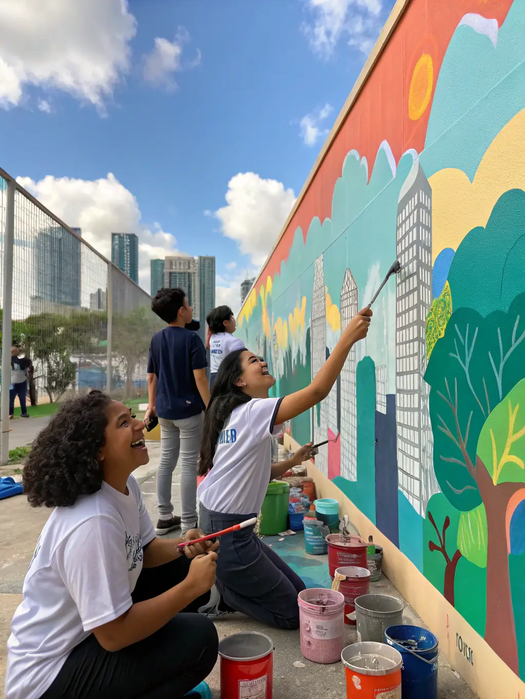 A vibrant image of a group of people participating in a collaborative mural painting project, with colorful paints and brushes visible, set against a large outdoor wall.