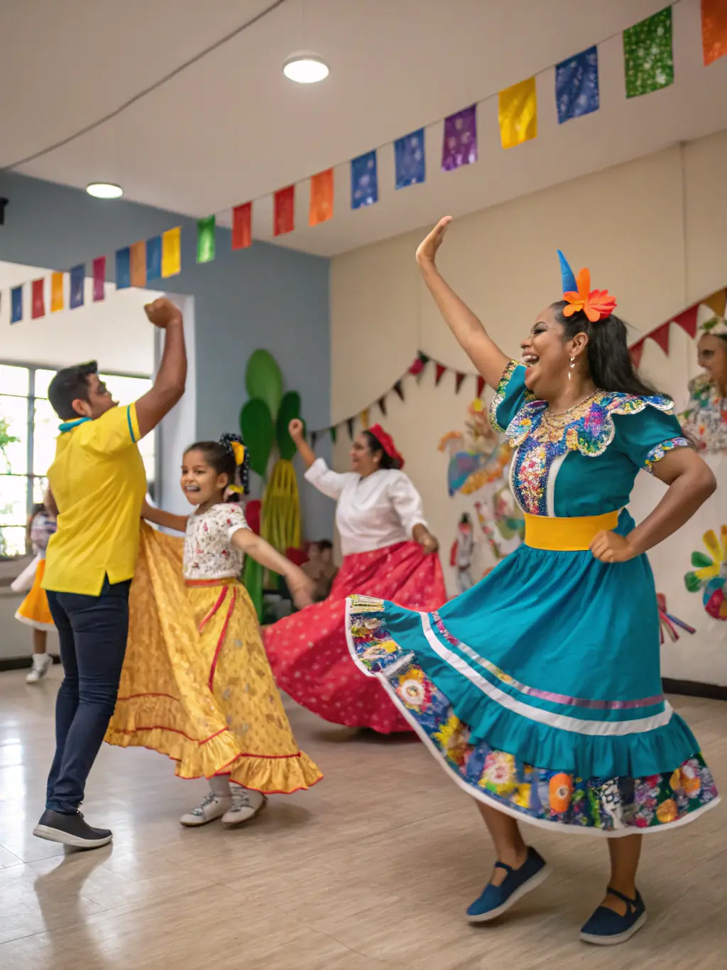 A photograph of a diverse group of individuals attending a cultural dance performance, with traditional costumes and musical instruments visible, set in a community hall.