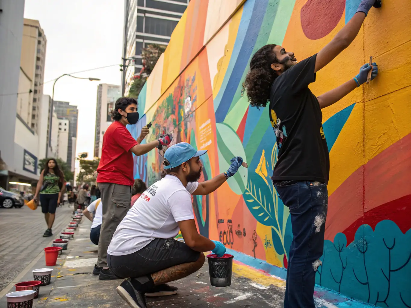 A dynamic image of a group of people participating in a street art project, painting a colorful mural on a building wall. The scene captures the energy and collaborative spirit of the event, with the city as a backdrop.